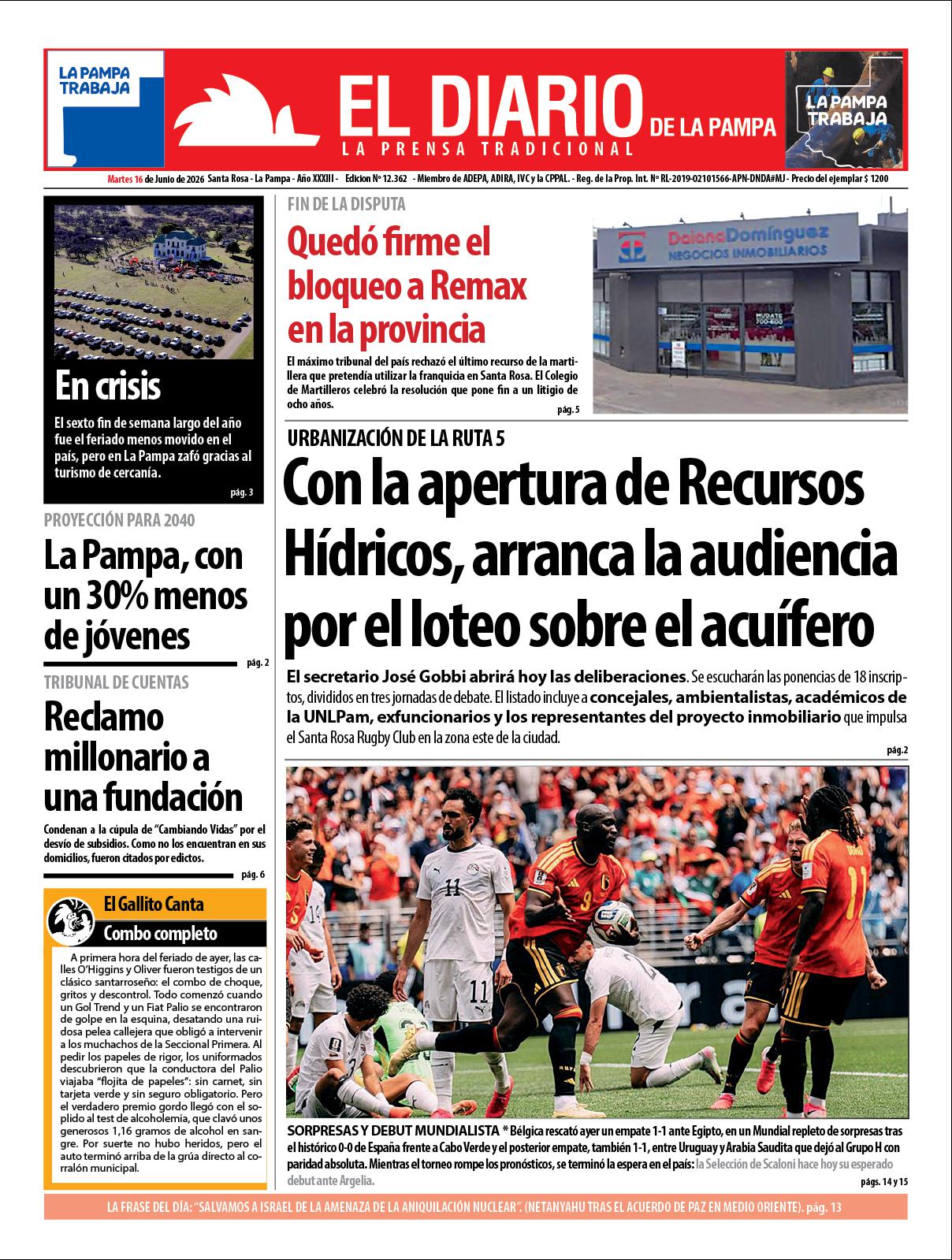 Tapa de El Diario en papel  martes 16 de junio de 2026